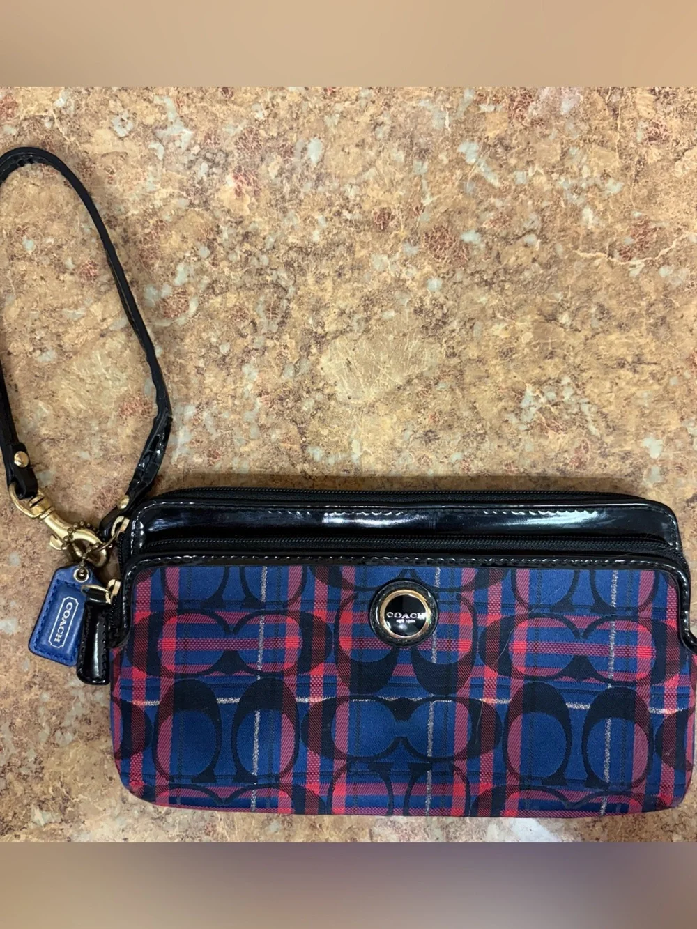 Coach Poppy Navy & Red Tartan Signature Wristlet with Leather Trim